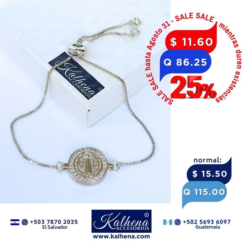 Pulsera cierre corredizo Medalla Religiosa San Benito con microzirconias