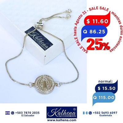 Pulsera cierre corredizo Medalla Religiosa San Benito con microzirconias
