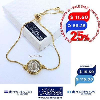 Pulsera cierre corredizo Medalla San Benito dorado plateado