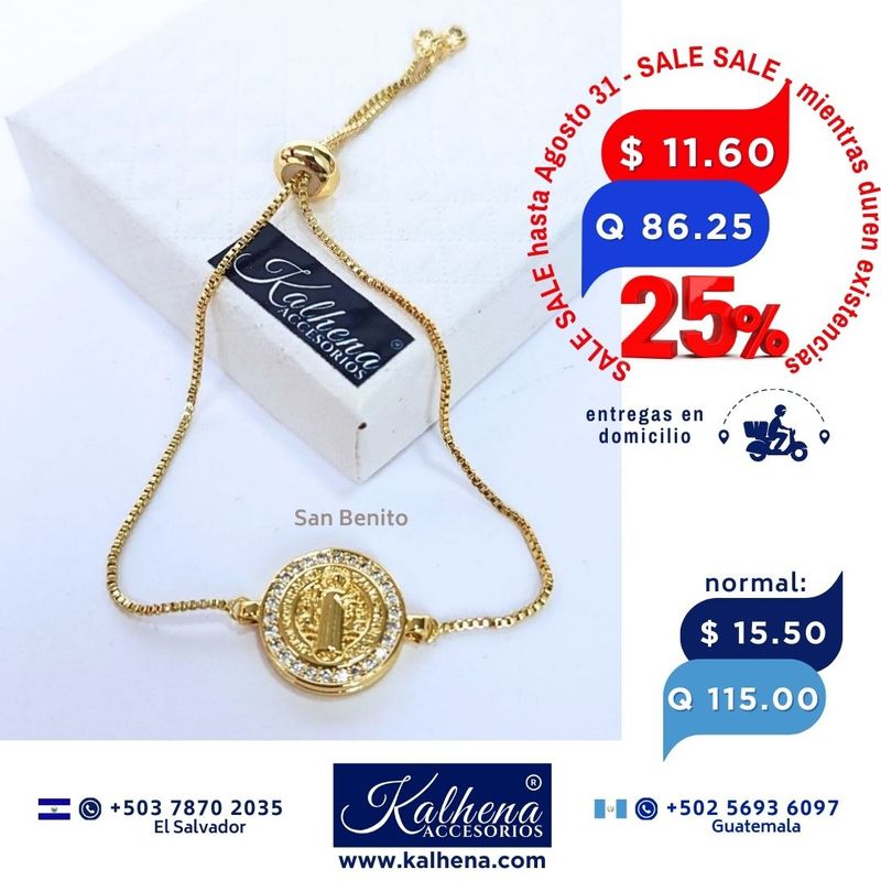 Pulsera cierre corredizo Medalla San Benito dorado con microzirconias