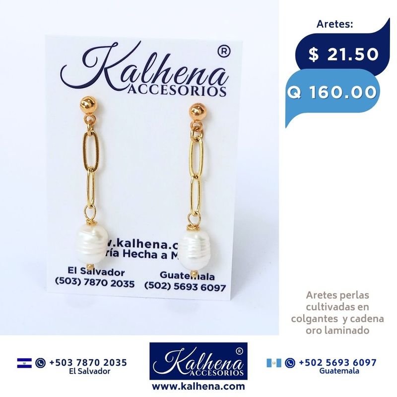 Aretes perlas cultivadas colgantes en cadena oro laminado