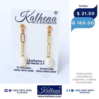 Aretes perlas cultivadas colgantes en cadena oro laminado