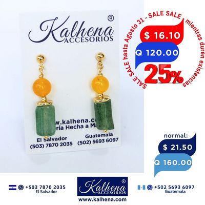Aretes Jade y Agathas tono ambar en colgantes oro laminado