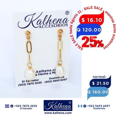 Aretes perlas cultivadas colgantes en cadena oro laminado