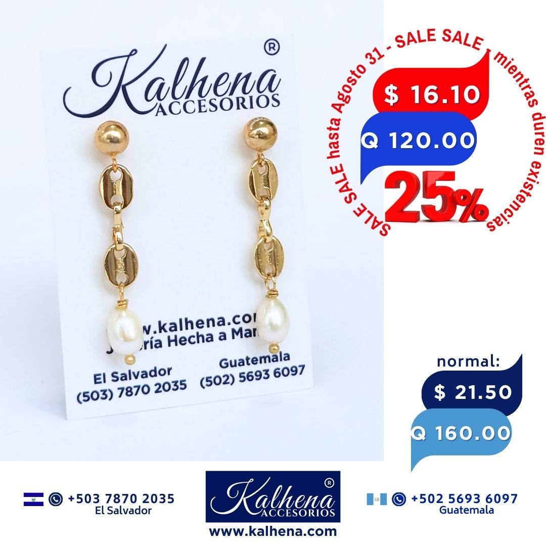 Aretes perlas cultivadas colgantes en cadena oro laminado
