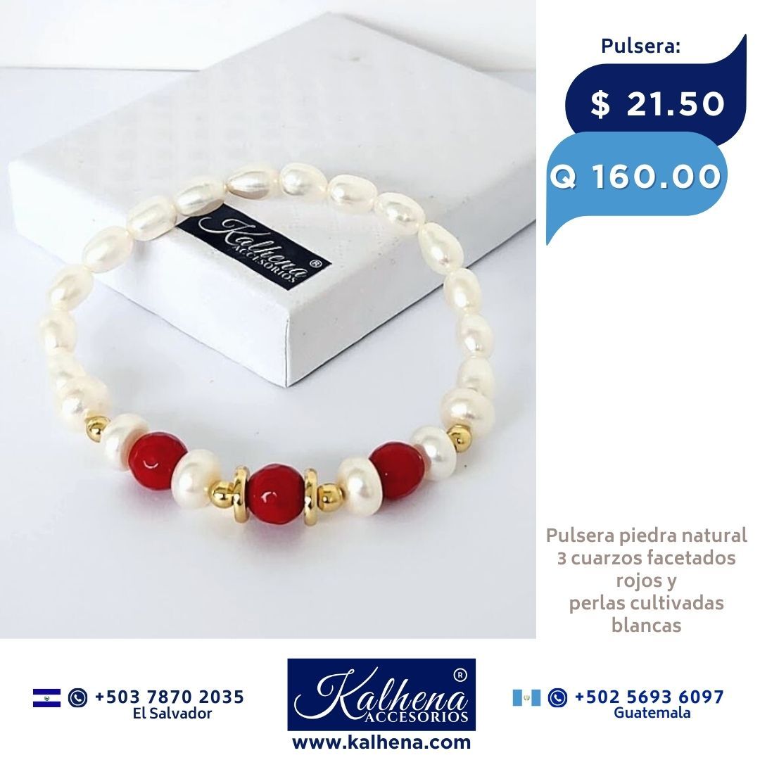 Pulsera 3 cuarzos facetados rojos y perlas cultivadas