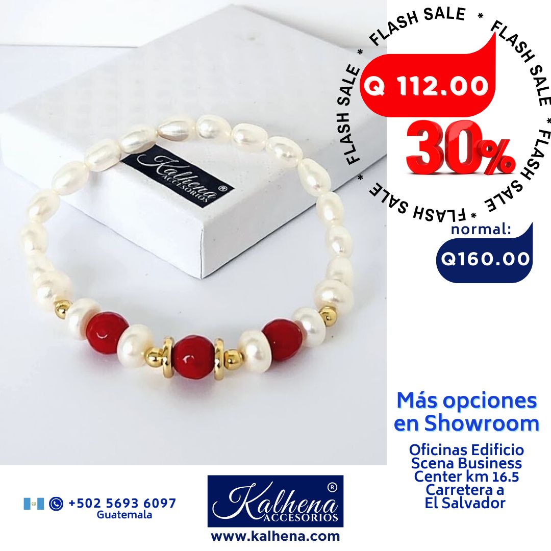 Pulsera 3 cuarzos facetados rojos y perlas cultivadas