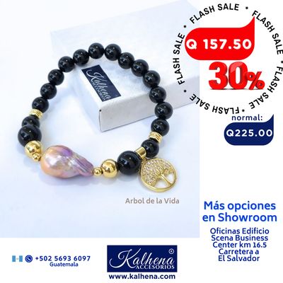 Pulsera onix negro y perla cultivada barroca ivory con Dije Arbol de La Vida