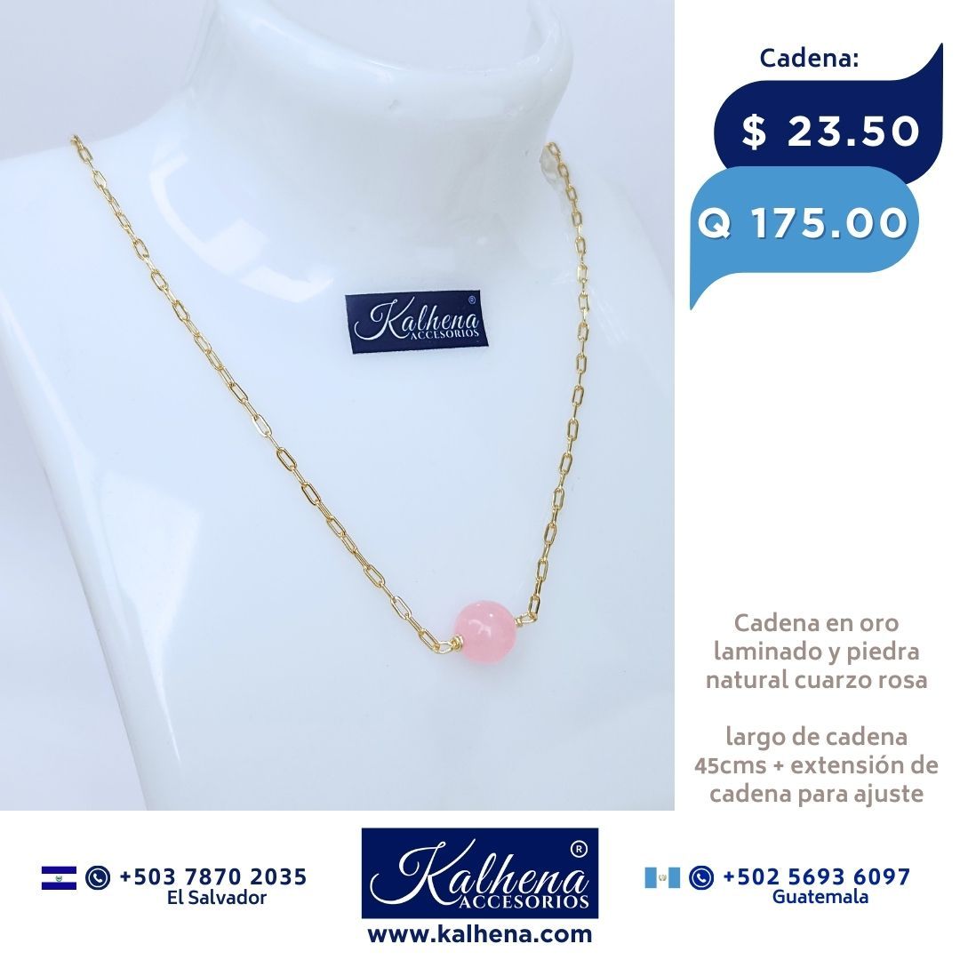 Cadena oro laminado y piedra cuarzo rosa