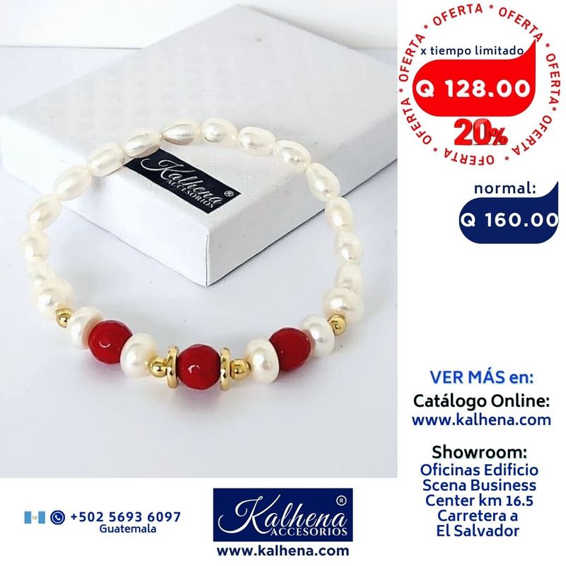 Pulsera 3 cuarzos facetados rojos y perlas cultivadas