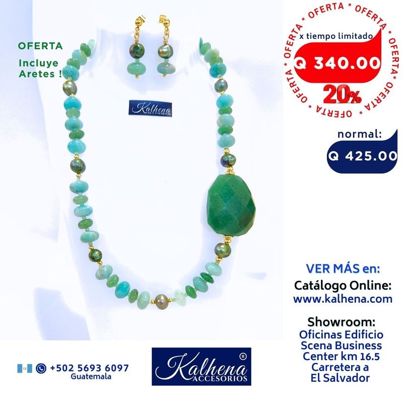 Collar Jade y perlas cultivadas verdes, detalles oro laminado