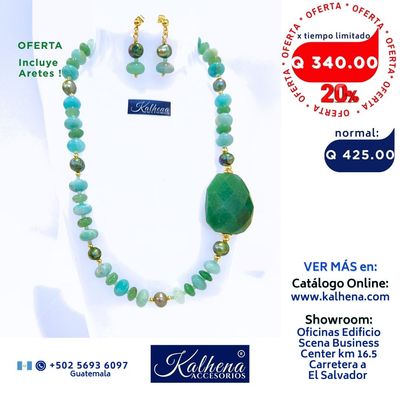 Collar Jade y perlas cultivadas verdes, detalles oro laminado