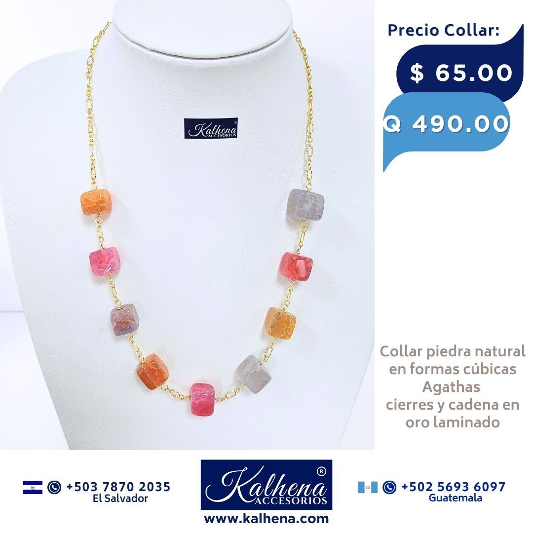 Collar Agathas piedra natural en formas cúbicas entre cadena