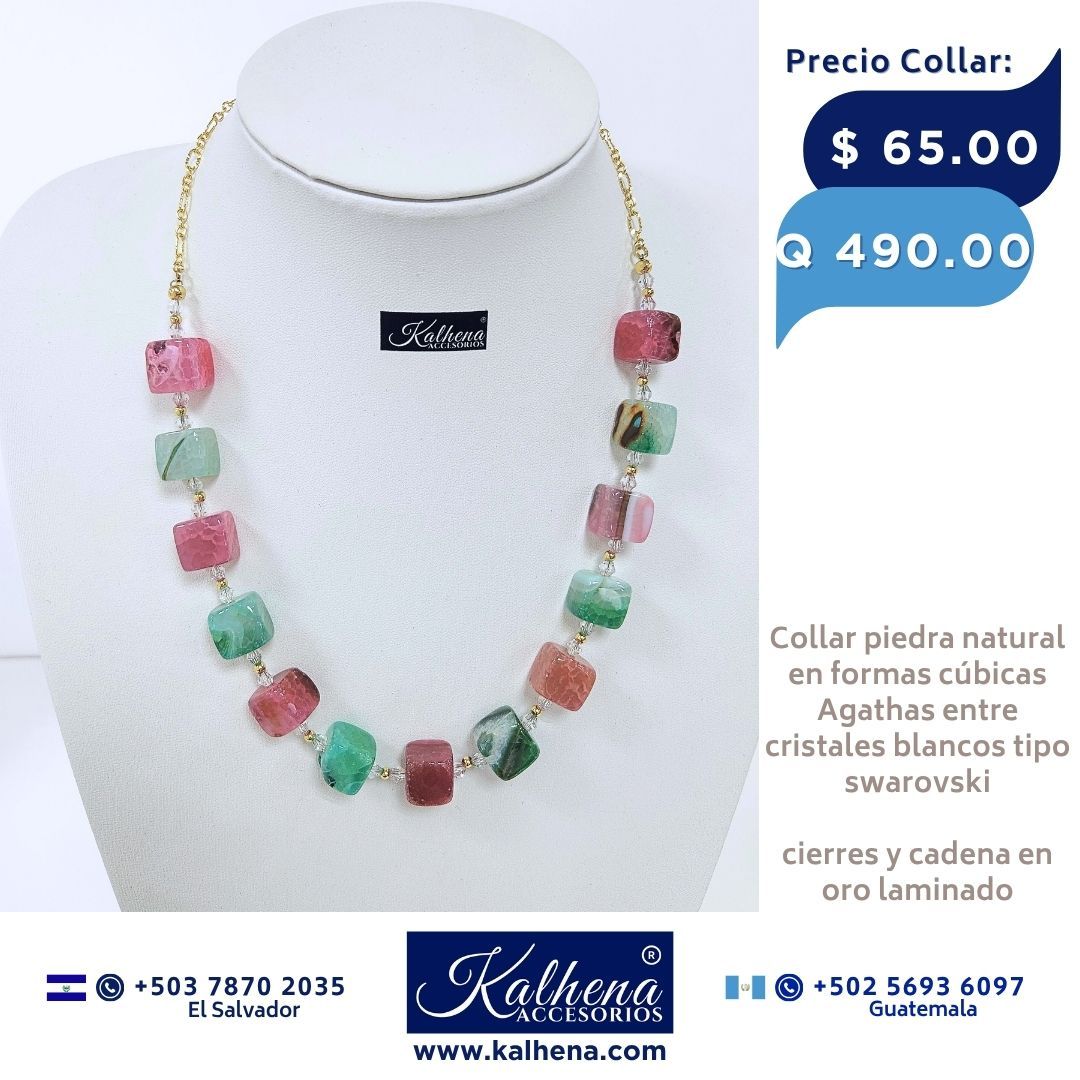 Collar Agathas piedra natural en formas cúbicas entre cristales tipo swarovski