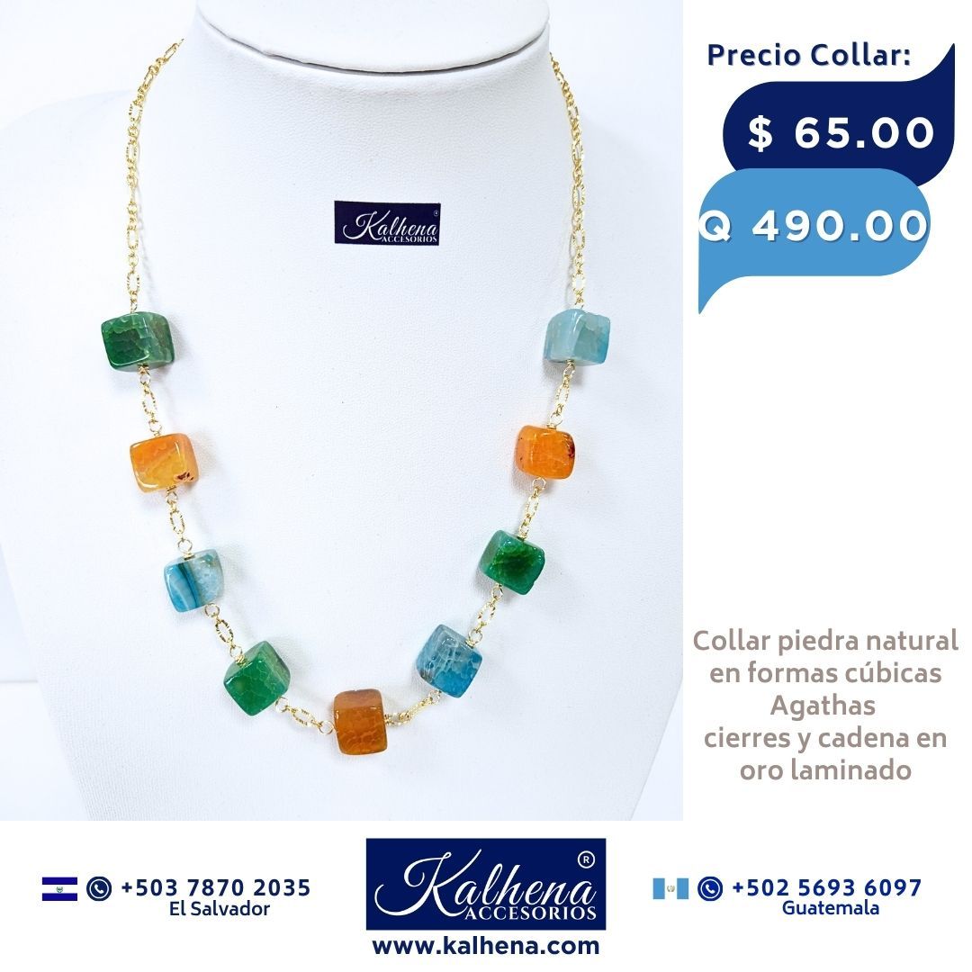 Collar Agathas piedra natural en formas cúbicas entre cadena