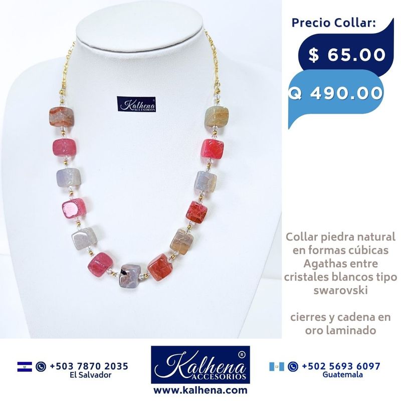 Collar Agathas piedra natural en formas cúbicas entre cristales tipo swarovski