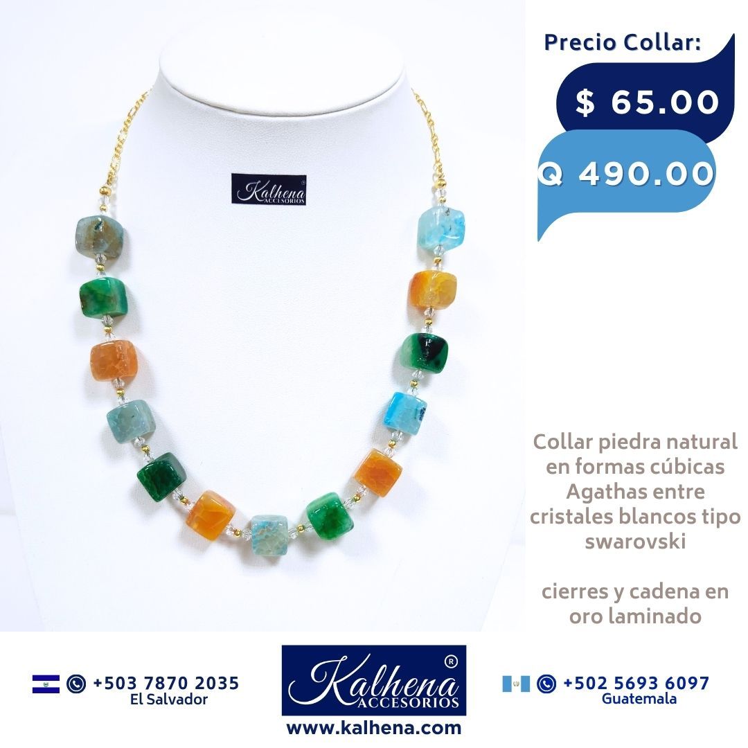 Collar Agathas piedra natural en formas cúbicas entre cristales tipo swarovski