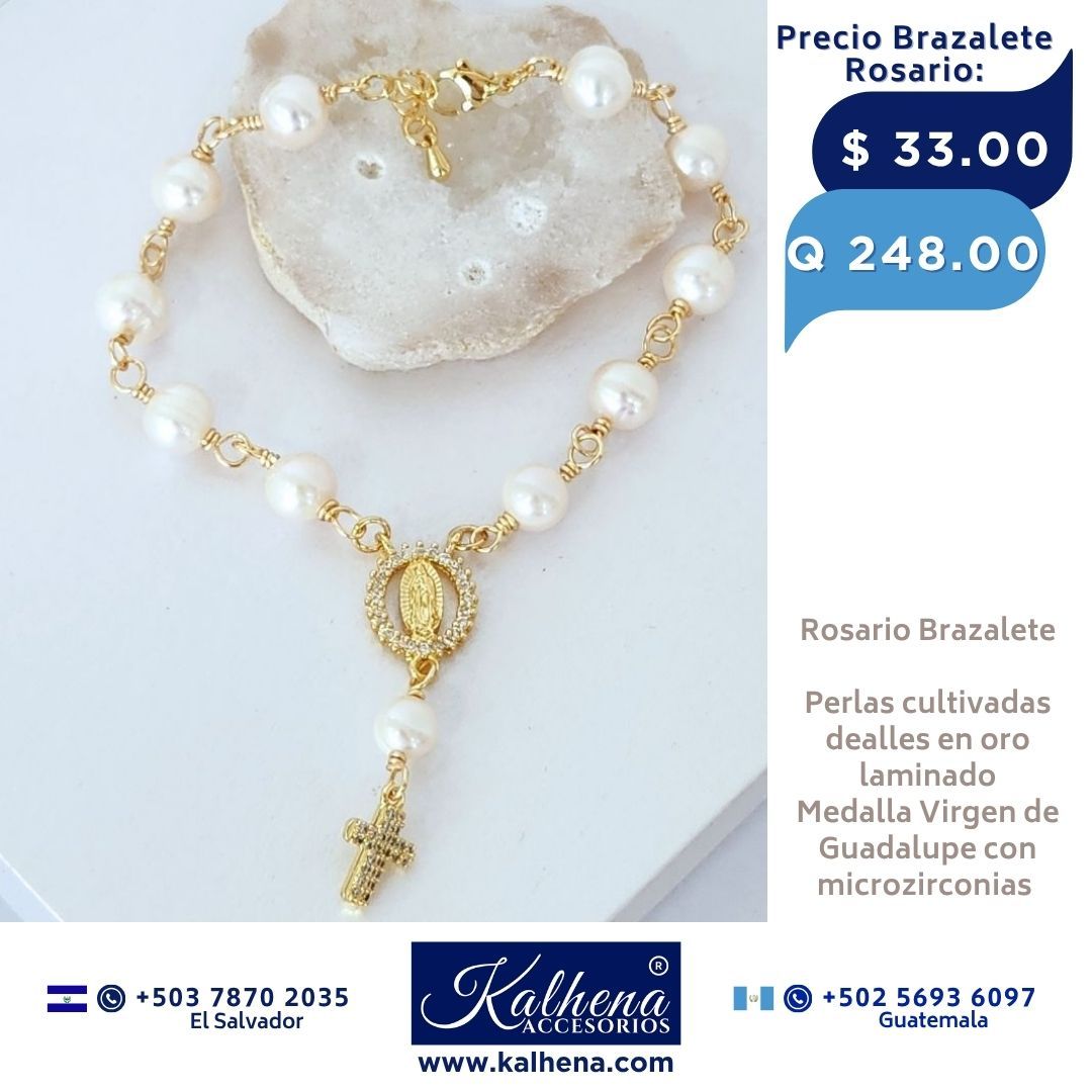 Brazalete Rosario perlas cultivadas/ Virgen de Guadalupe