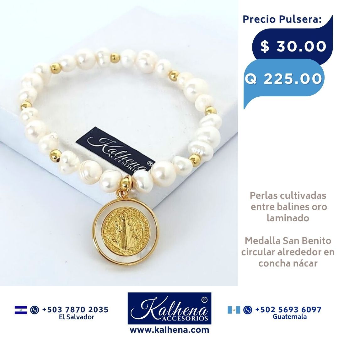 Pulsera perlas cultivadas y Medalla Religiosa San Benito