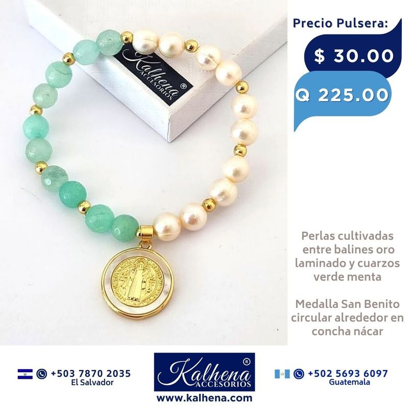 Pulsera perlas cultivadas y piedra natural con Medalla Religiosa San Benito
