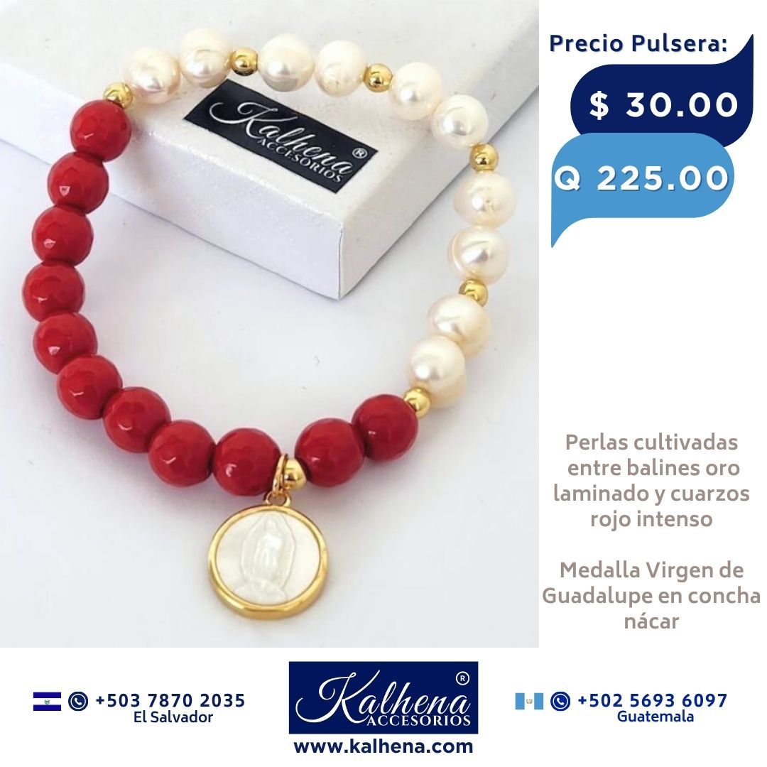 Pulsera perlas cultivadas y cuarzos rojos con Medalla Religiosa Virgen de Guadalupe