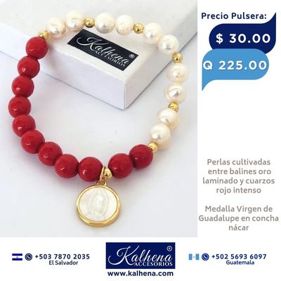 Pulsera perlas cultivadas y cuarzos rojos con Medalla Religiosa Virgen de Guadalupe
