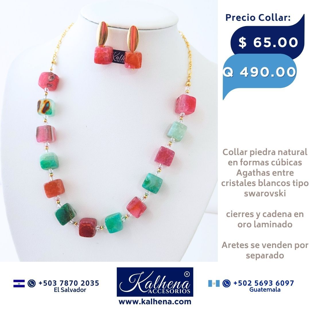Collar Agathas piedra natural en formas cúbicas entre cristales tipo swarovski