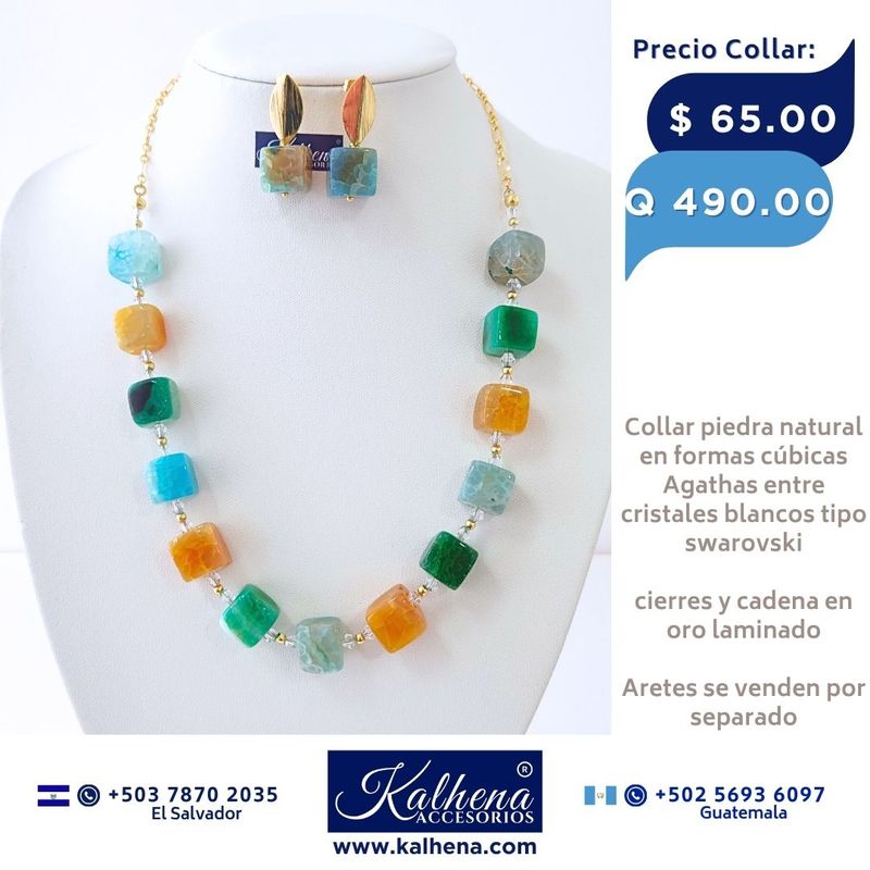 Collar Agathas piedra natural en formas cúbicas entre cristales tipo swarovski