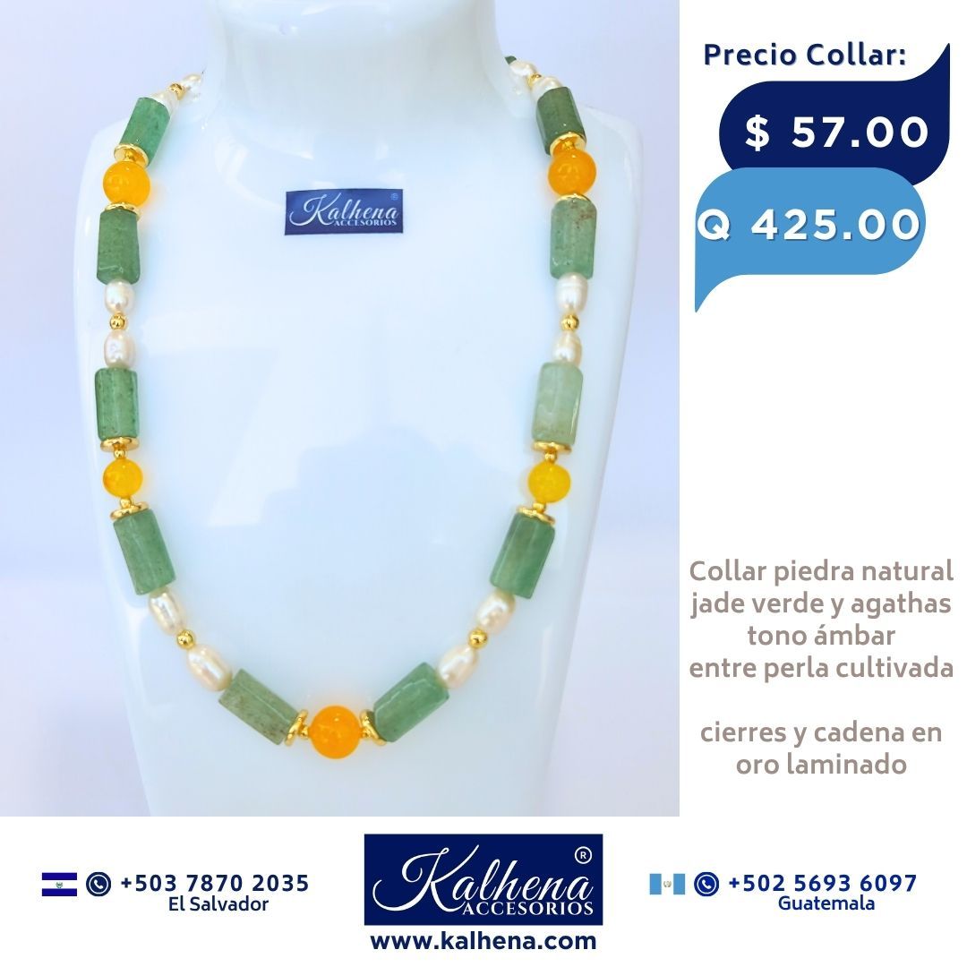 Collar de Perlas Jades verdes y Agathas tono ámbar entre detalles oro laminado