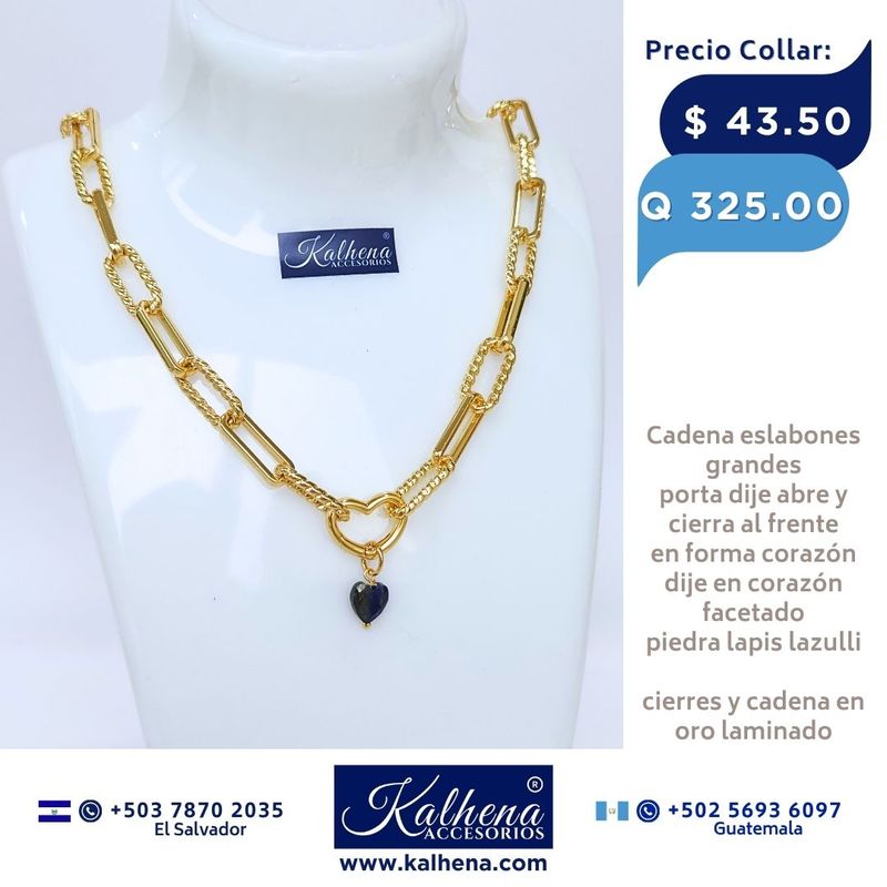 Cadena eslabones grandes oro laminado, portadije abre y cierra corazón, incluye dije en piedra natural