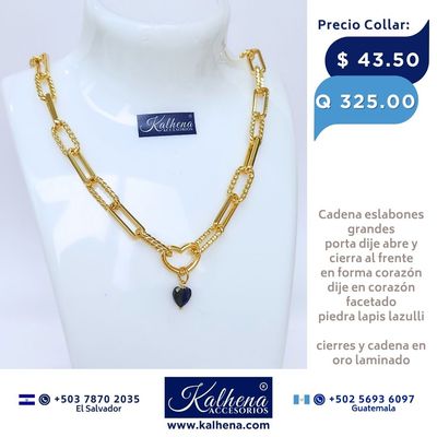 Cadena eslabones grandes oro laminado, portadije abre y cierra corazón, incluye dije en piedra natural