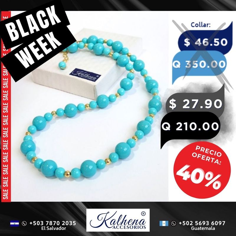 Collar de Perlas tipo Mallorca en tono turquesa cierres en oro laminado