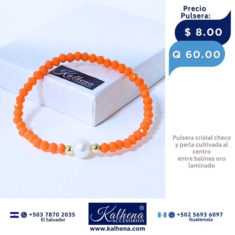 Pulseras cristal checo (naranja mate) perla cultivada entre balines oro laminado