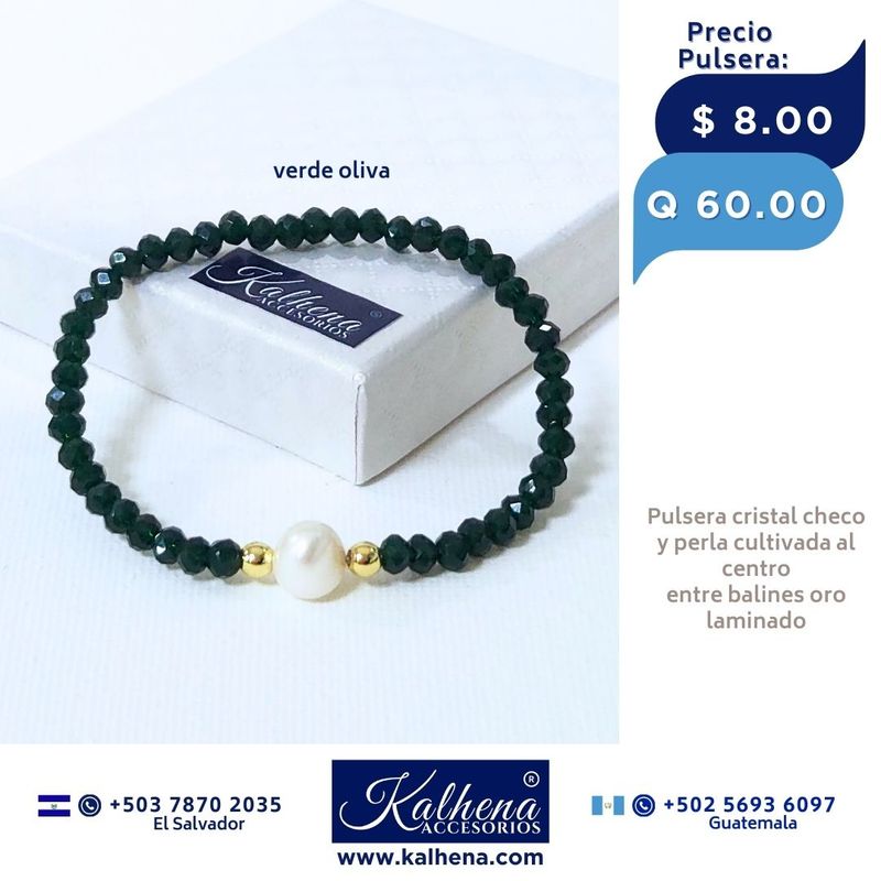 Pulseras cristal checo (verde oliva) perla cultivada entre balines oro laminado