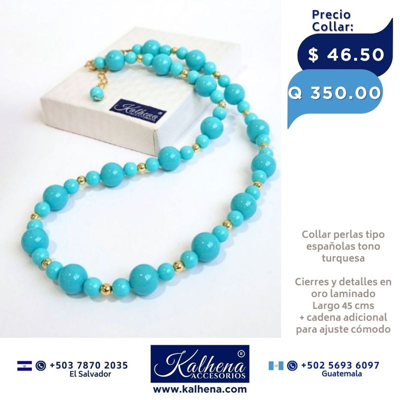 Collar de Perlas tipo Mallorca en tono turquesa cierres en oro laminado