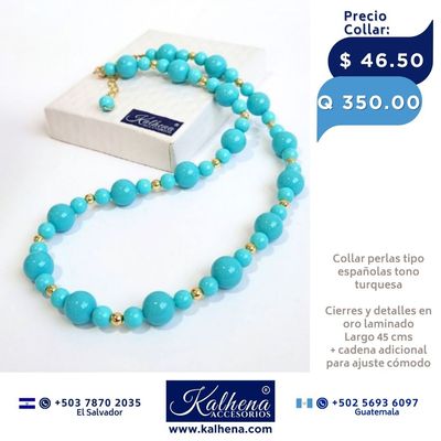 Collar de Perlas tipo Mallorca en tono turquesa cierres en oro laminado