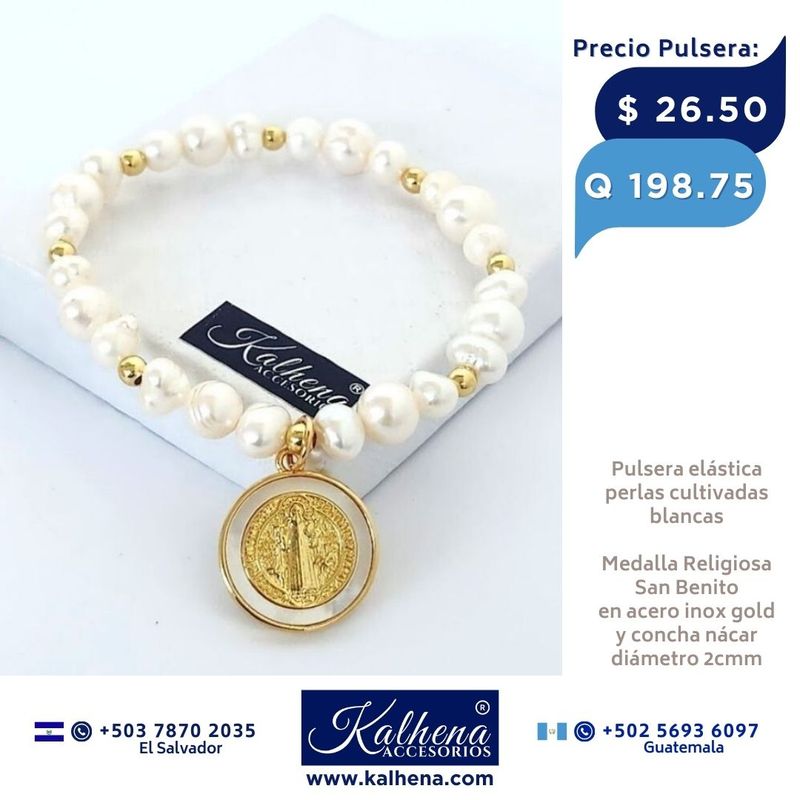 Pulsera perlas cultivadas y Medalla San Benito Pulsera perlas cultivadas y Medalla San Benito