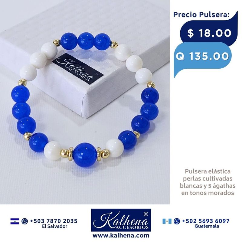 Pulsera piedra natural ágathas azul y blanco