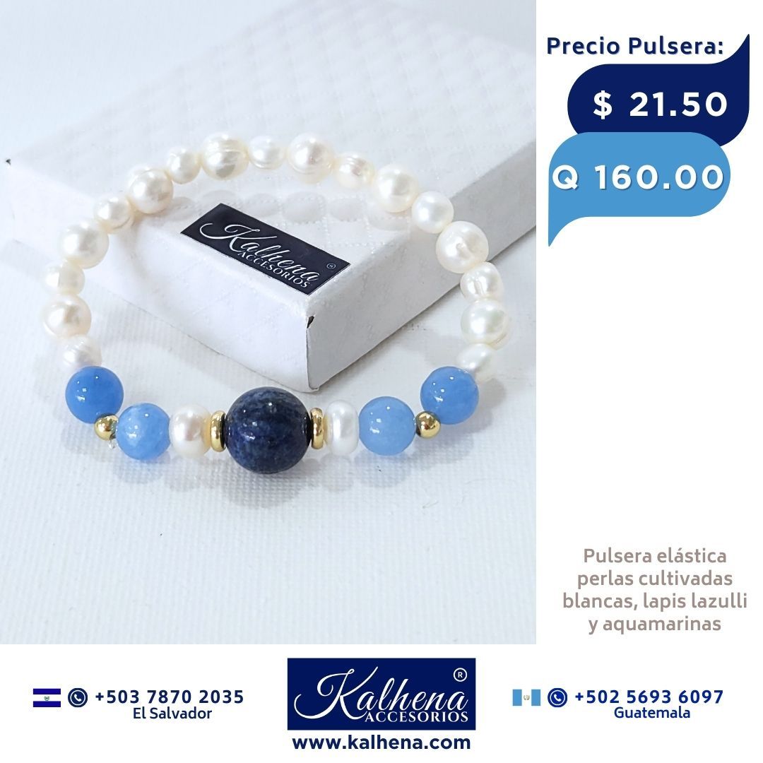 Pulsera Piedra natural Lapis Lazulli y  Aquamarinas entre perlas cultivadas