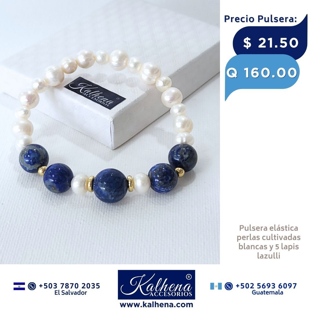 Pulsera 5 Lapis Lazulli y perlas cultivadas