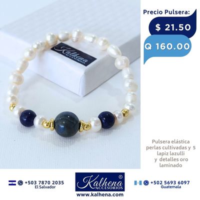 Pulsera 3 lapis lazulli y perlas cultivadas