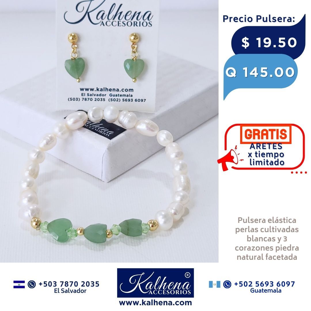 Pulsera corazones en piedra facetada y perlas cultivadas