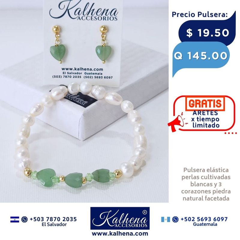Pulsera corazones en piedra facetada y perlas cultivadas