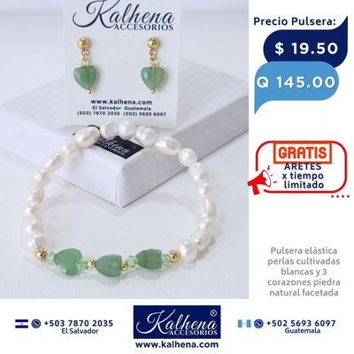 Pulsera corazones en piedra facetada y perlas cultivadas