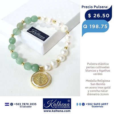 Pulsera perlas cultivadas y piedra natural con Medalla Religiosa San Benito