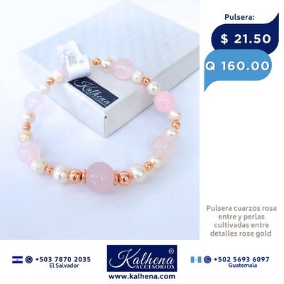 Pulsera Cuarzos Rosa entre perlas cultivadas blancas