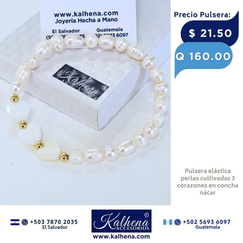 Pulsera 3 corazones concha nácar y perlas cultivadas