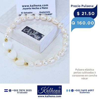 Pulsera 3 corazones concha nácar y perlas cultivadas