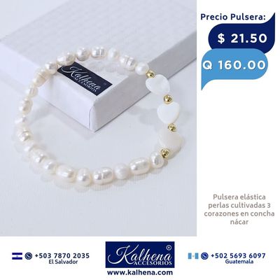 Pulsera 3 corazones concha nácar y perlas cultivadas Pulsera 3 corazones concha nácar y perlas cultivadas