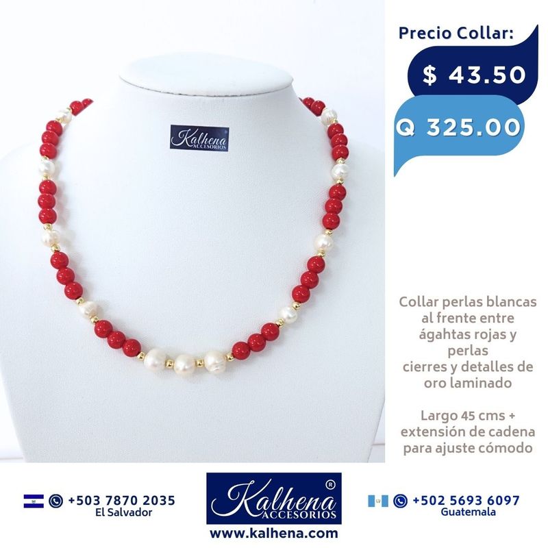 Collar de Perlas y Agathas facetadas tono rojo vivo